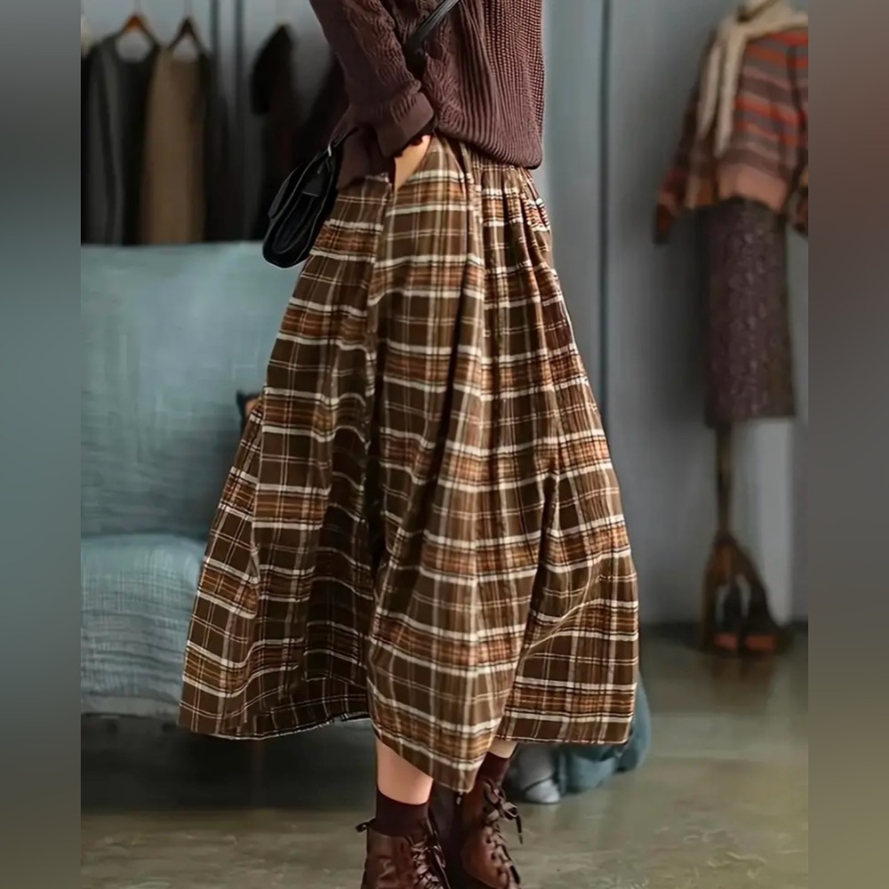 New Women’s XXL Coffee Brown Plaid Casual Pocketed Long Skirt - Ankle Length